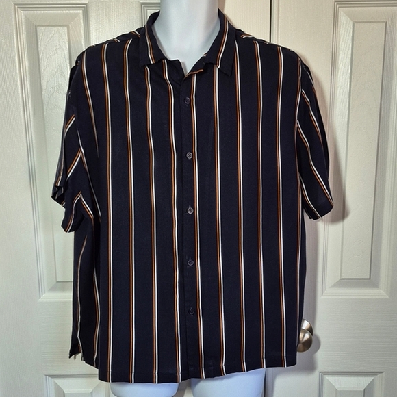 7Diamonds striped short sleeve button down shirt navy blue‎ orange white mens XL - Picture 1 of 16